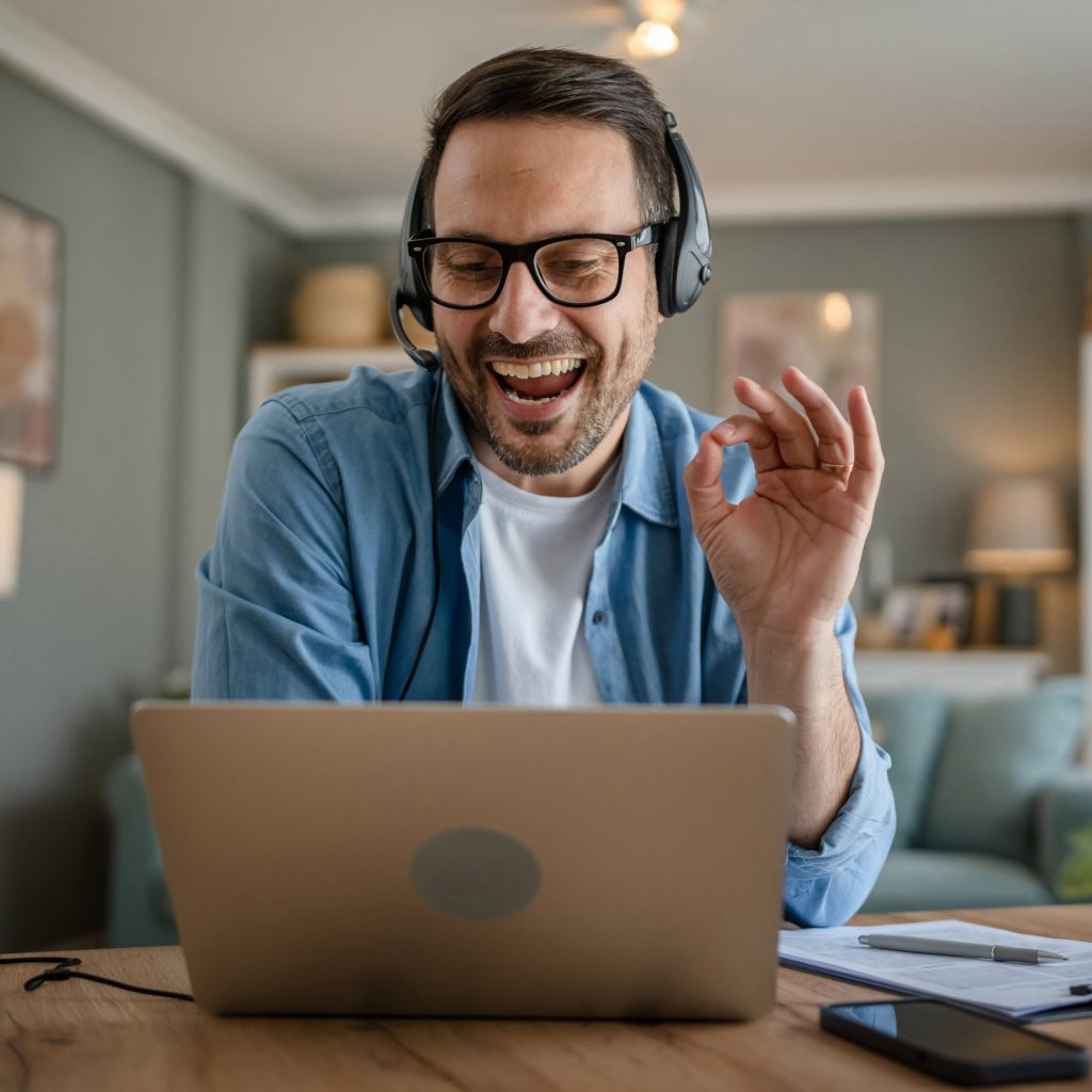 Consultant with Headset Smiling During an Online Meeting