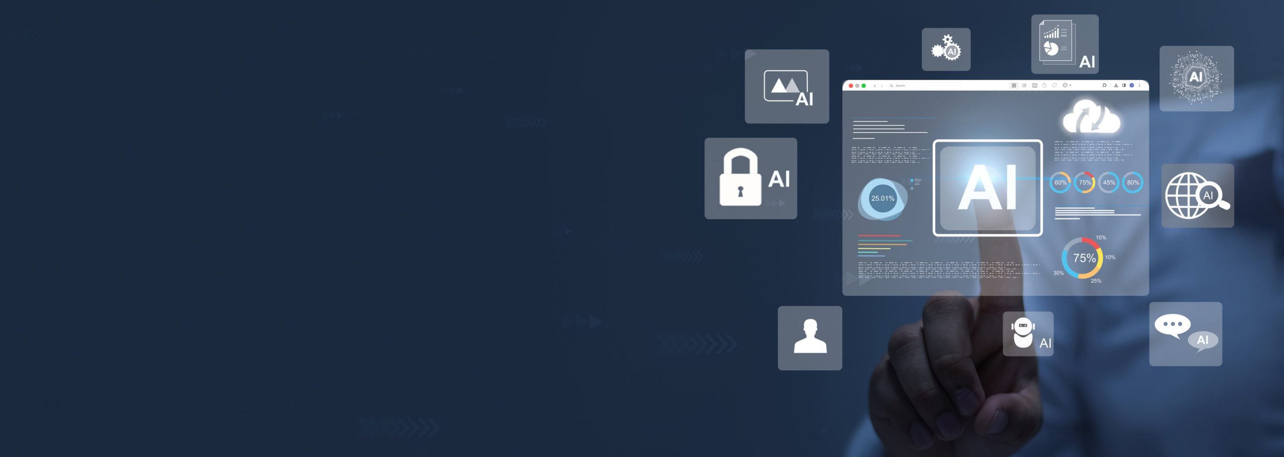 Hand tippt auf Laptop, darüber leuchten abstrakte ‚AI‘-Symbole in einer Netz-Visualisierung